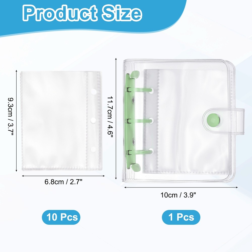 A8 Mini 3-Ring Binder Cover, Clear PP Notebook Binder with Inner Pockets, Green