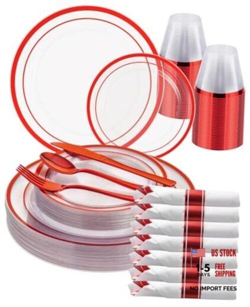 175 Pcs Plastic Plates, Clear Plastic Silverware Disposable Plates Set, 25 Red
