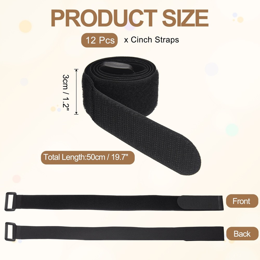 12pcs Reusable Cinch Straps 1.2"x19.7" Hook and Loop Cable Securing Strap, Black