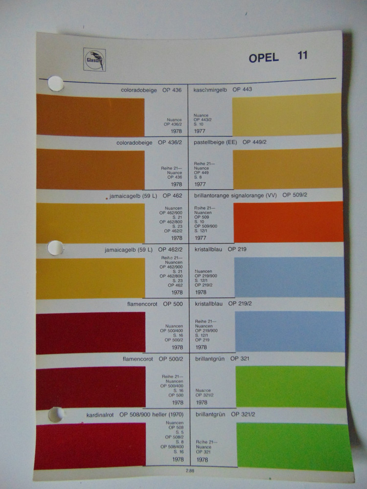 Original Glasurit Opel Paint Chips Sheet - 1977-1978