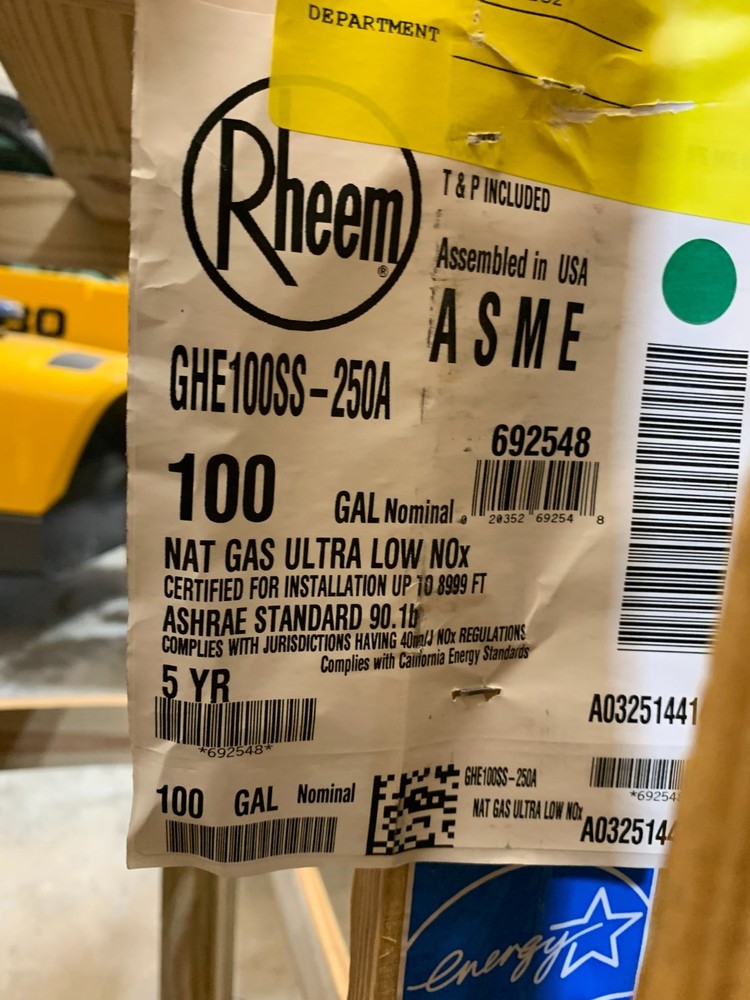 Rheem GHE100SS-250A Commercial Low NOx Gas Water Heater 100-Gal 120V 250,000BtuH