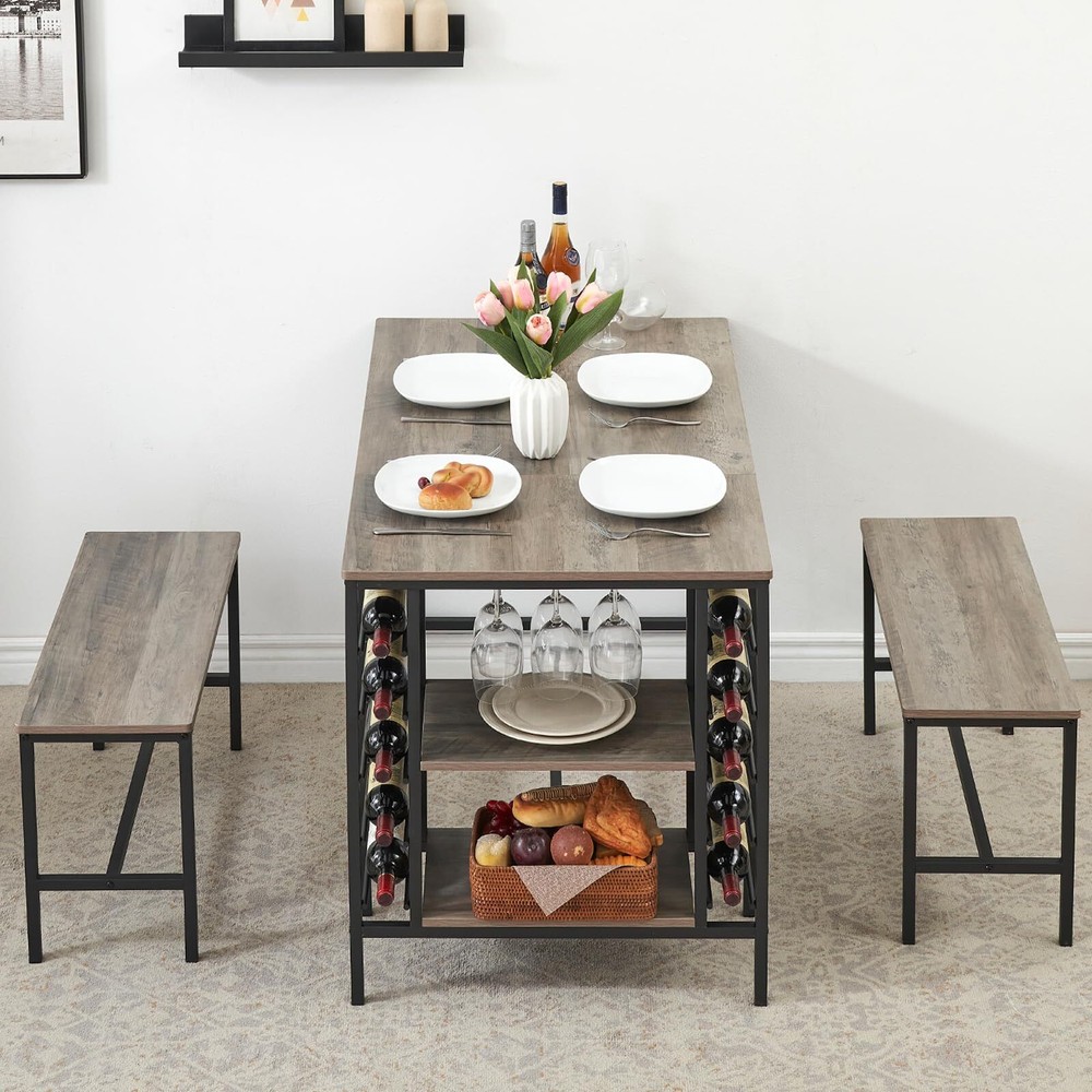 Dining Table Set for 4 Kitchen Table & 2 Benches ,Wine Rack, Storage Shelf ,Grey