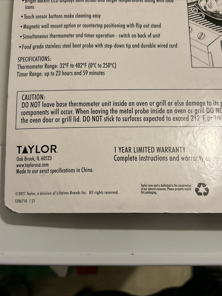 Taylor Digital Wired Probe Programmable Meat Thermometer with Timer NEW