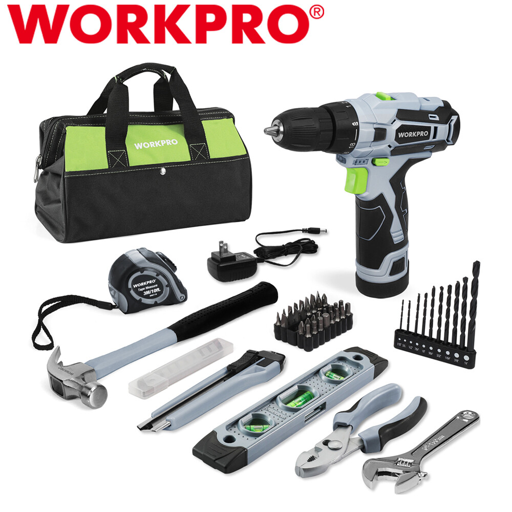 WORKPRO 61PCS 12V Cordless Drill Driver Home Tool Kit Hand Tool Set With 14" Bag