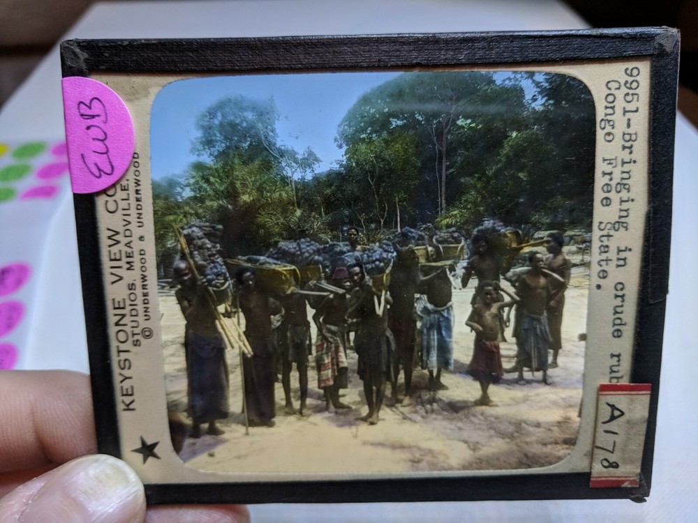 COLORED Glass Magic Lantern Slide EWB BRINGING IN CRUDE RUBBER CONGO TRIBE