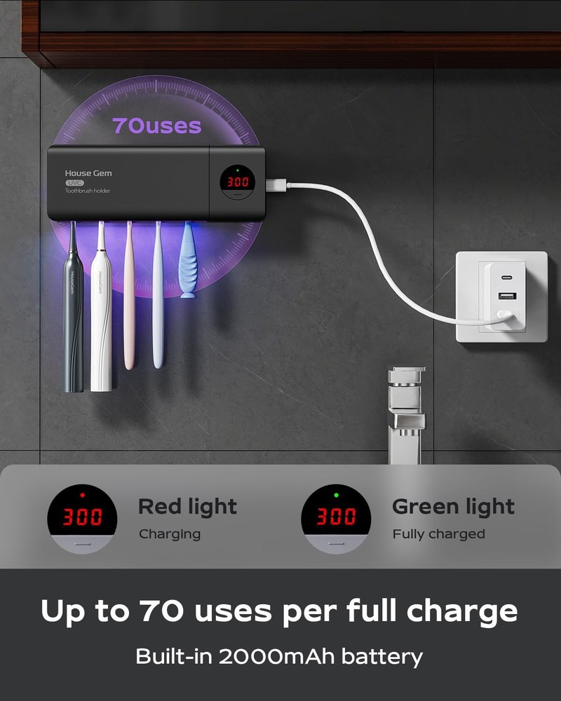 Housegem Toothbrush Holder Timer Function 2000mah Rechargeable Cordless Wallmoun