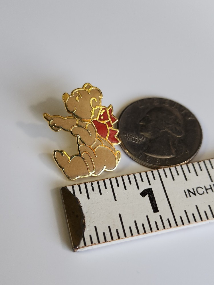 Teddy Bear Lapel Pin Red Ribbon