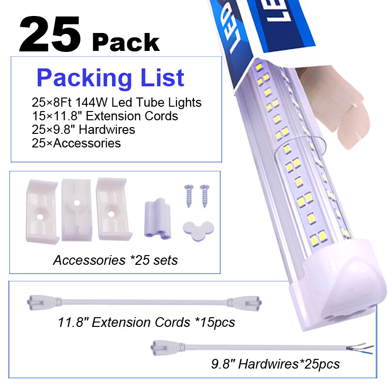 25Pc 8 Foot LED Shop Lights 144w Fixture 8FT T8 8' LED Tube Light Bulbs 6500K