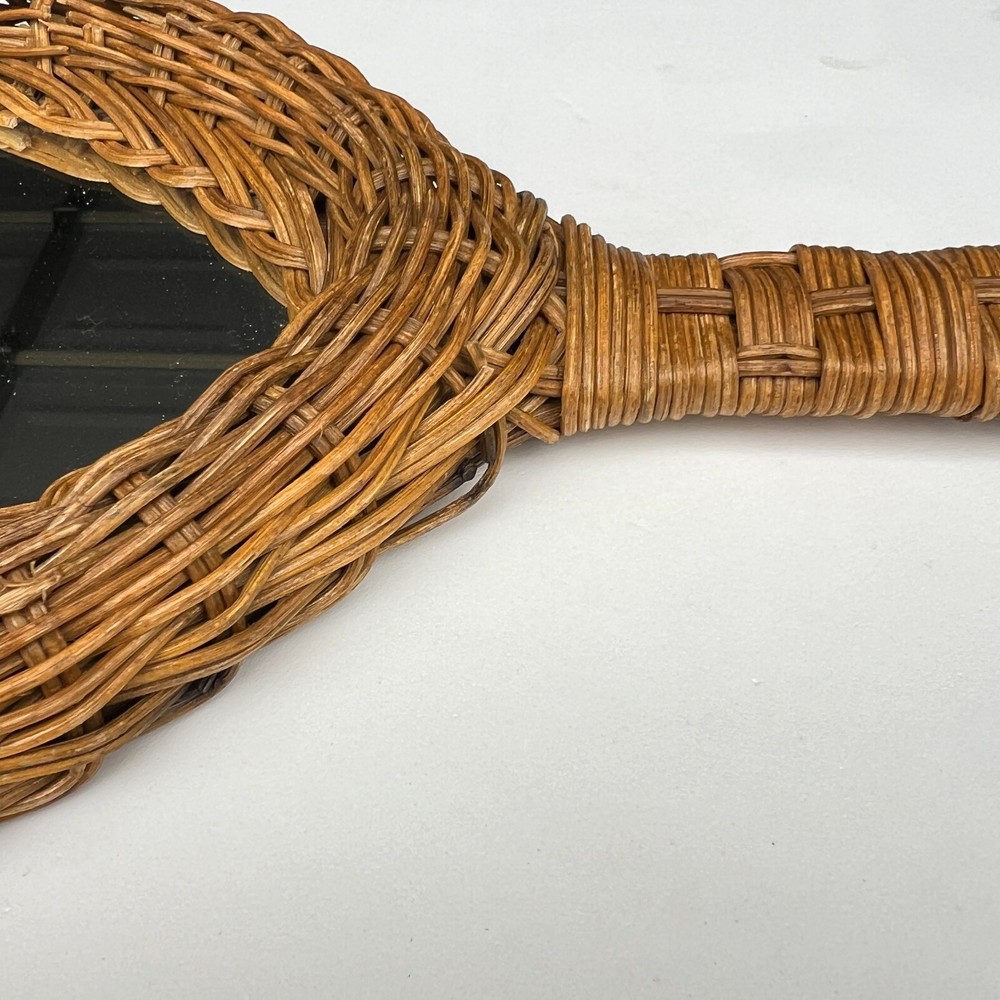 Wicker Hand Woven Boho Handheld Hanging Loop Vanity/Bathroom Mirror Vintage 1970