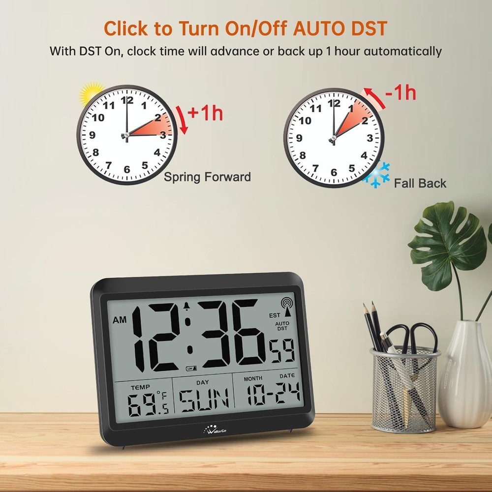 Battery-Powered Digital Atomic Clock - Large LCD, Weatherproof & Alarm Function