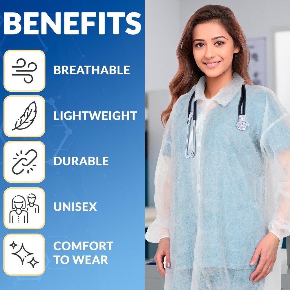 25 White 42gm Polypropylene Lab Coats Small Size No Pockets Snap Front Elastic