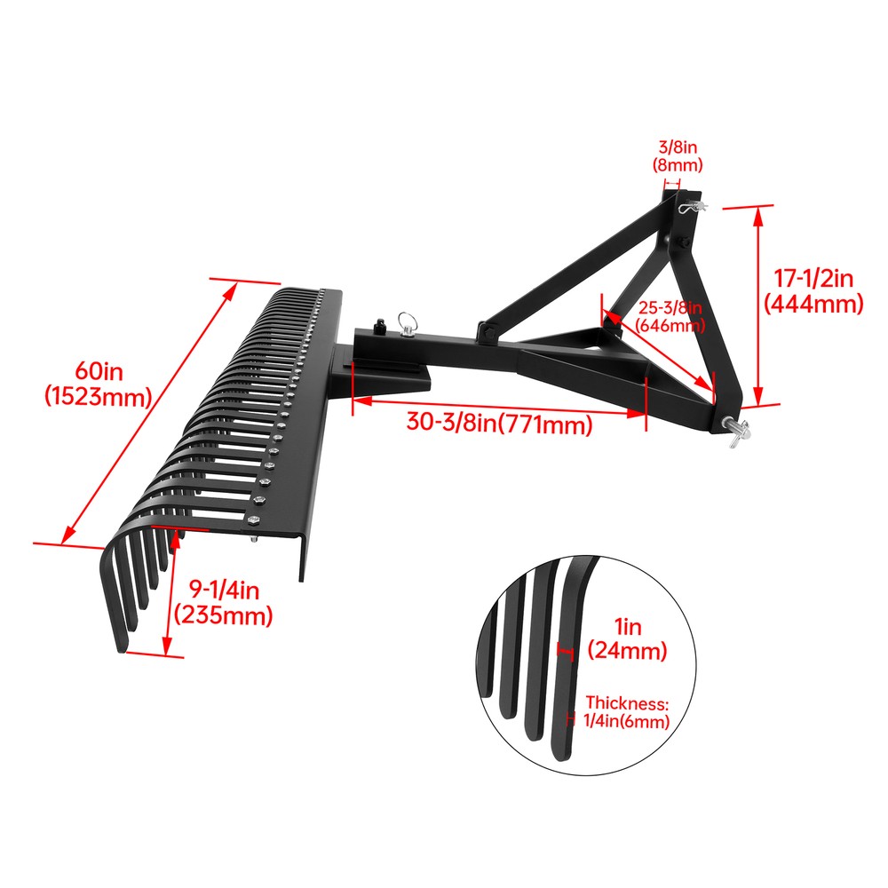 3 Point Landscape Rake 60" 5 FT For Cat 1 Tractor Loader Hookup 360° Rotation