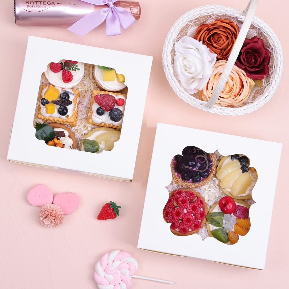 60pcs 8x8x2.5 Inches Cookie Boxes with 2 Windows White Bakery Pastry Dessert ...