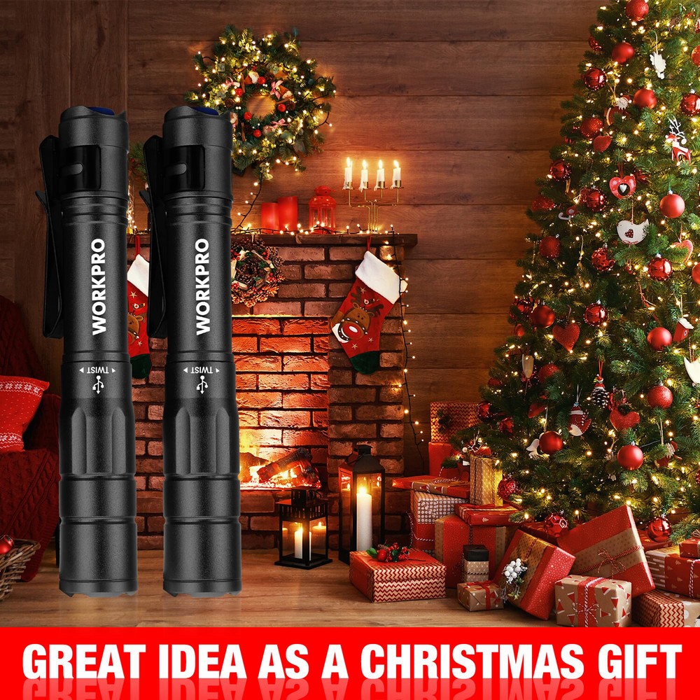WORKPRO 2-PACKS Rechargeable LED Pen Light Flashlight Pocket Light w/USB C Cable