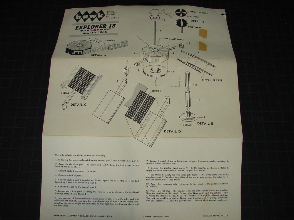 1968 ~ Hawk ~ EXPLORER 18 Earth Satellite ~ Rare, Complete, Unstarted