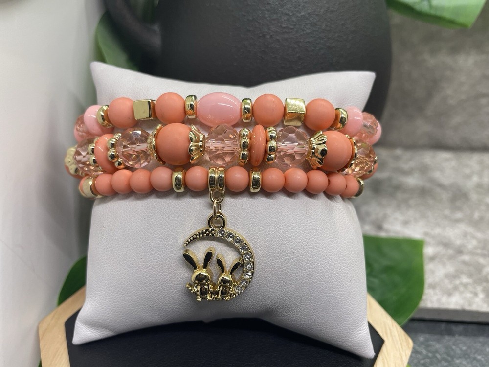 3 PC Handmade Beaded  Boho 7” Plus Stretch Charm Bracelet Set Bunny Moon B3945