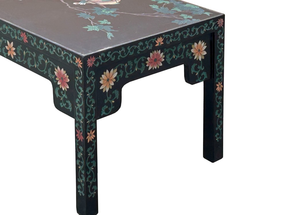 Chinese Black Lacquer Flower Birds Graphic Rectangular Low Coffee Table GB144