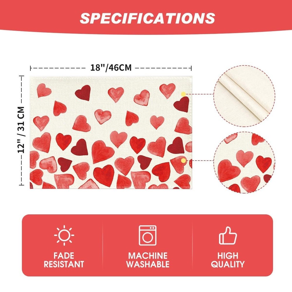 Artoid Mode Red Hearts Love Placemats Set Rectangular 4 Pcs, 12" x 18",