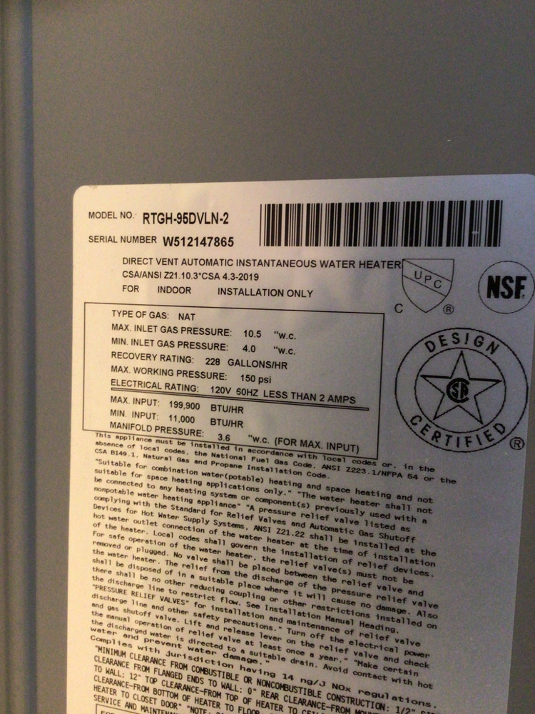 RHEEM RTGH-95DVLN-2 Indoor Natural Gas Condensing Tankless Water Heater NEW