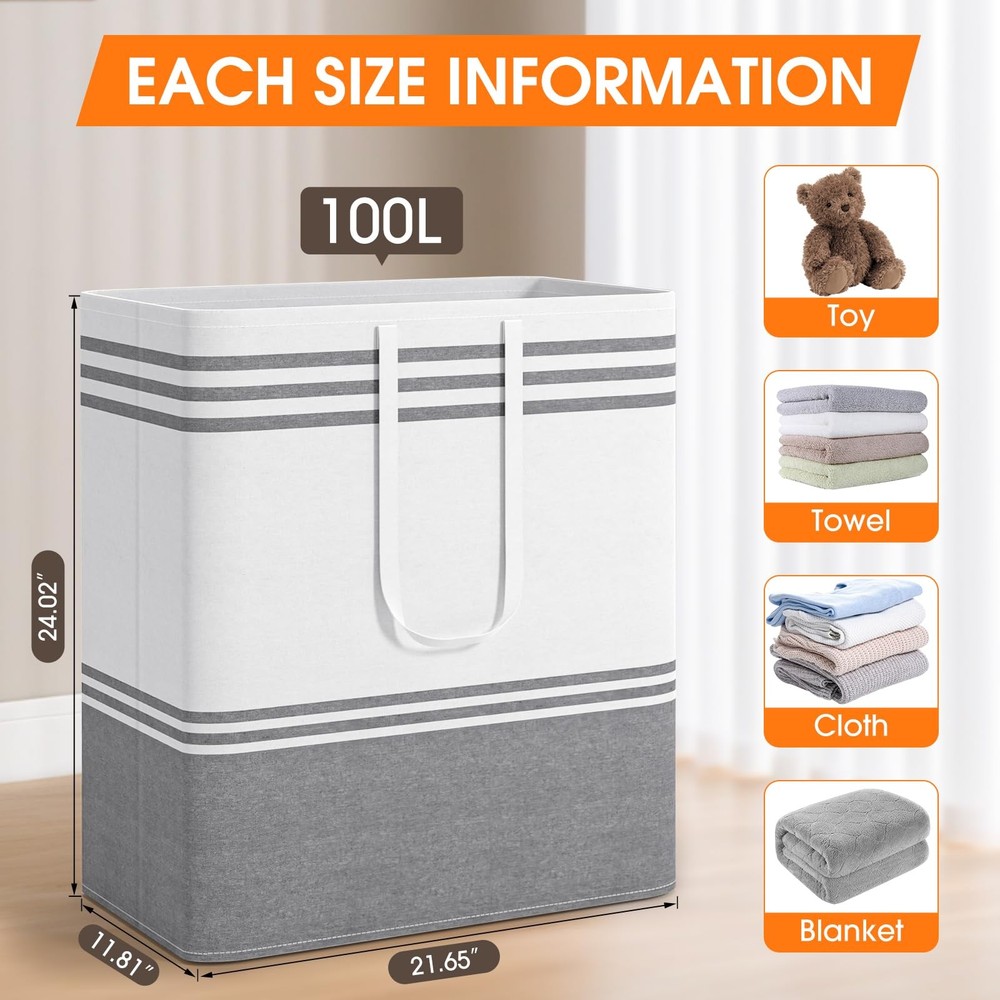 2 Pack Large Home Laundry Basket Hamper Freestanding Waterproof Light Grey