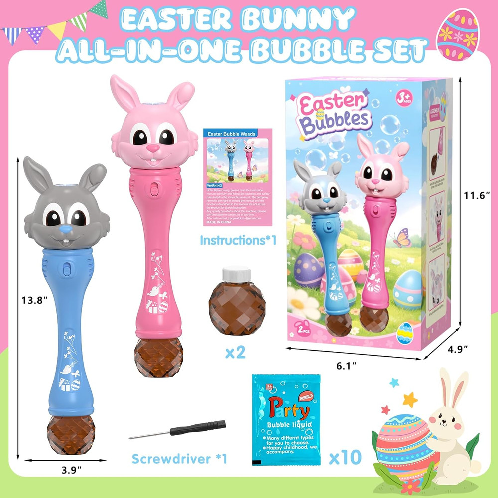 Easter Bubble Wand for Kids 2-Pack, Bunny Bubble Machine with LED Light, Bubble