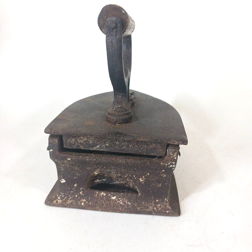 Antique Primitive Cast Iron Charcoal Sad Iron Wood Handle