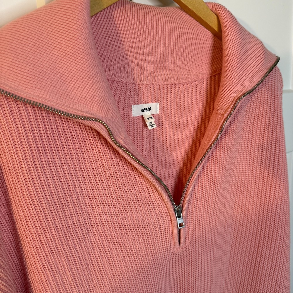 Aerie Women's Beyond Quarter Zip Oversized Pullover Knit Sweater Pink Size M