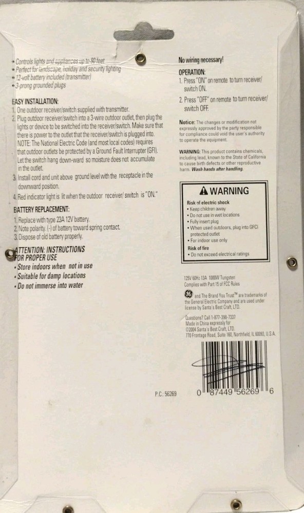 GE Outdoor Lighting Wireless Remote Control with Key Chain Transmitter AB