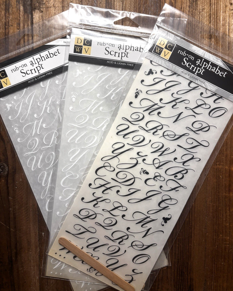 DCWV Rub On Alphabet SCRIPT - 3 sheets - 1 black, 2 white NEW Scrapbook Wedding