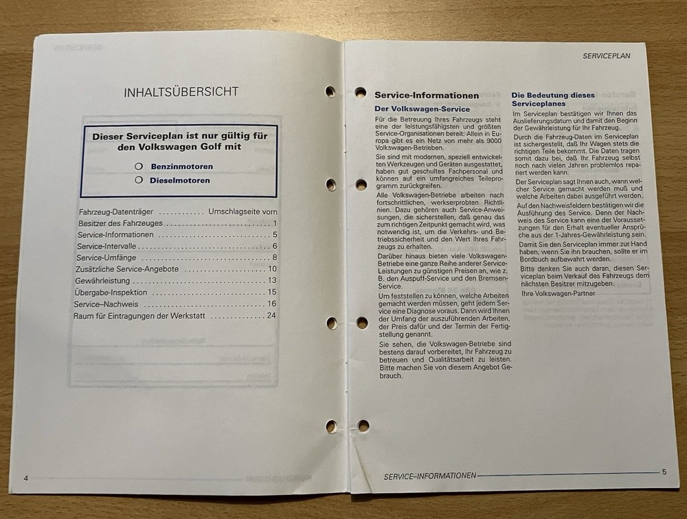 Original Service Plan VW Golf Service Booklet