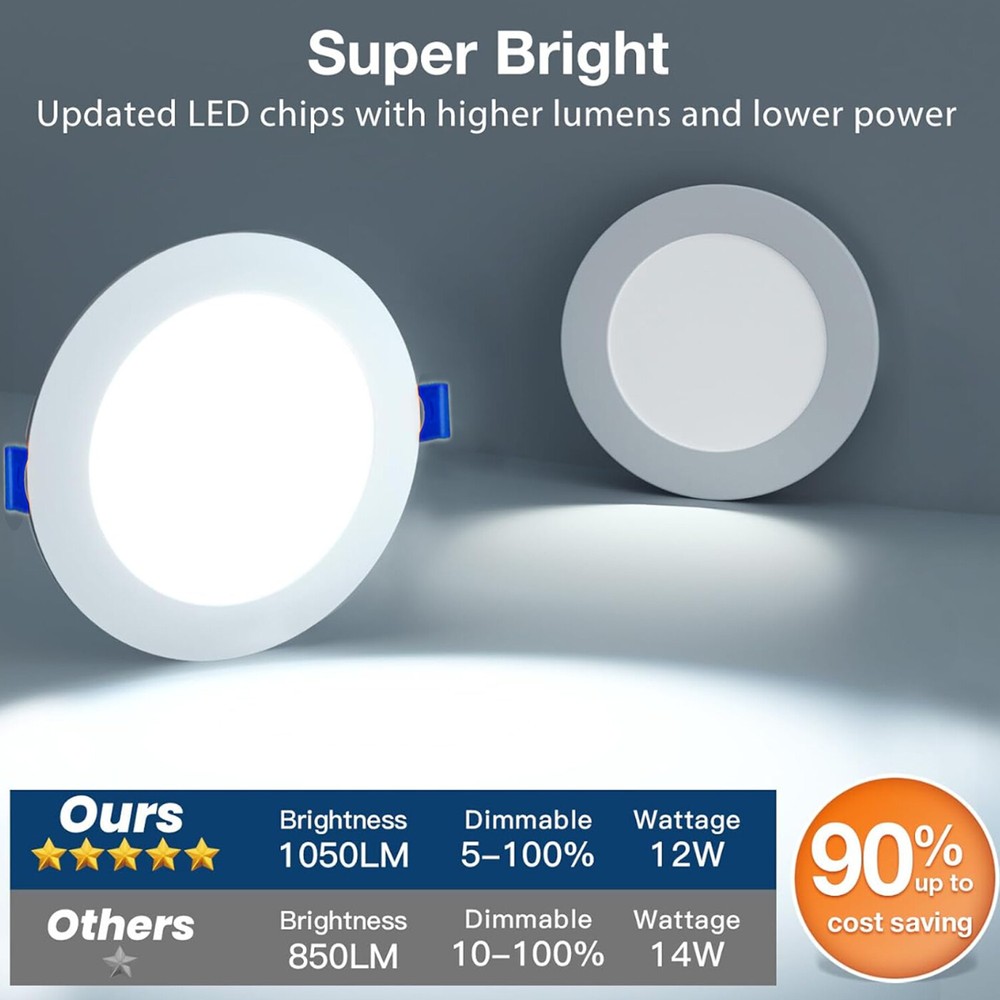 12Pack 6 Inch Ultra-Thin LED Recessed Ceiling Light,3000K/4000K/5000K Selectable