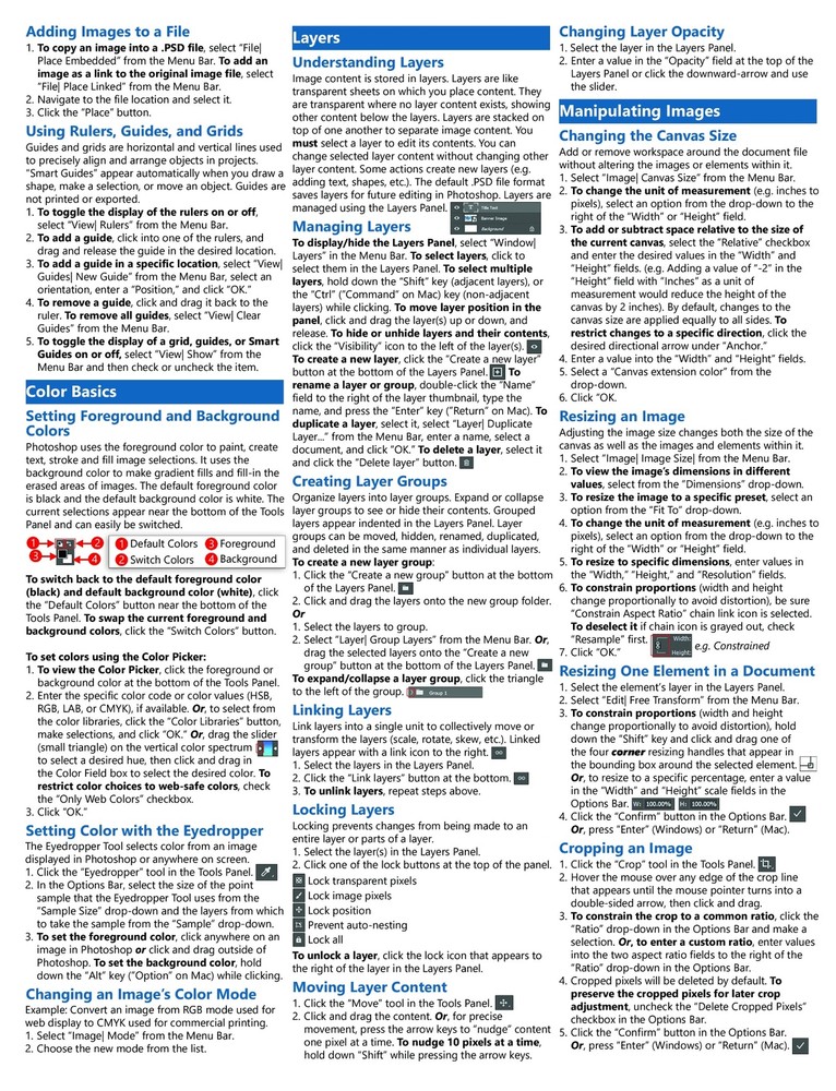 Adobe Photoshop Training Guide Quick Reference Card 4 Page Cheat Sheet Help