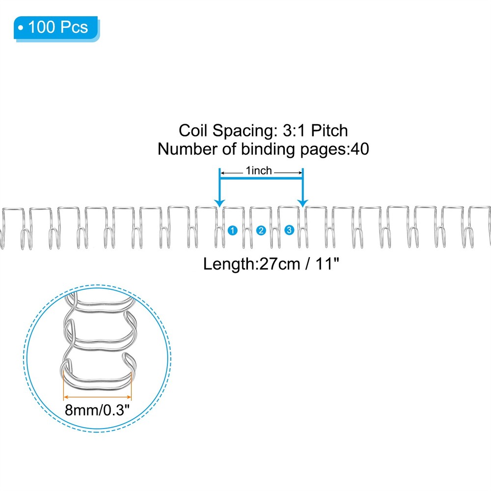 8mm (5/16") Binding Combs, 100 Pcs 40 Sheet Pitch 32 Ring, Silver