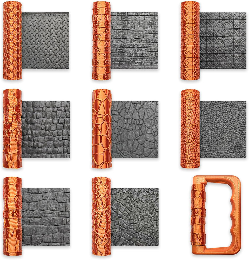 9 Pcs Clay Texture Roller Set Handle 8-Pattern 3D-Printed Miniature Terrain