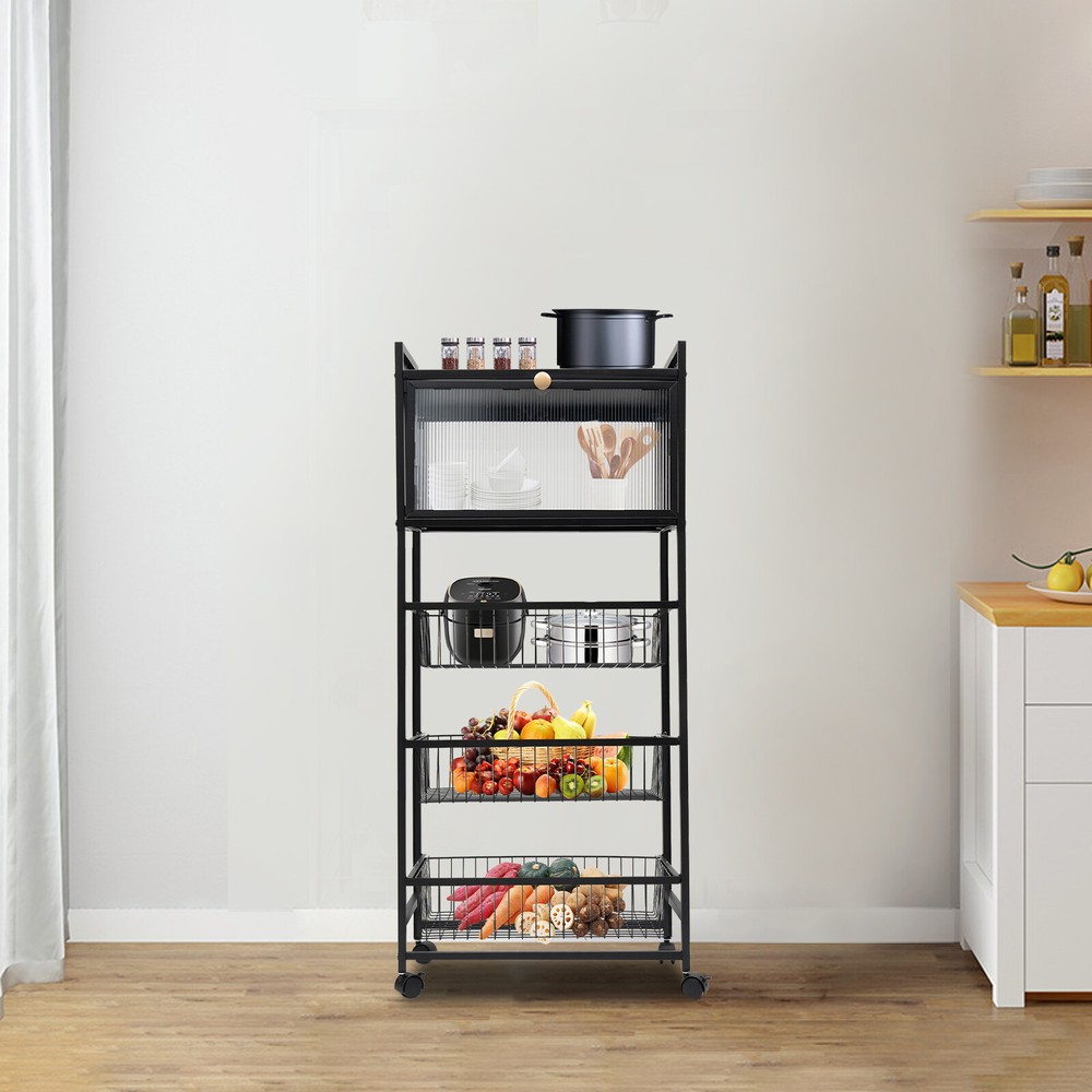 5-Tier Microwave Rack Bread Storage Kitchen Organizer Shelf W/ Brakeable Casters