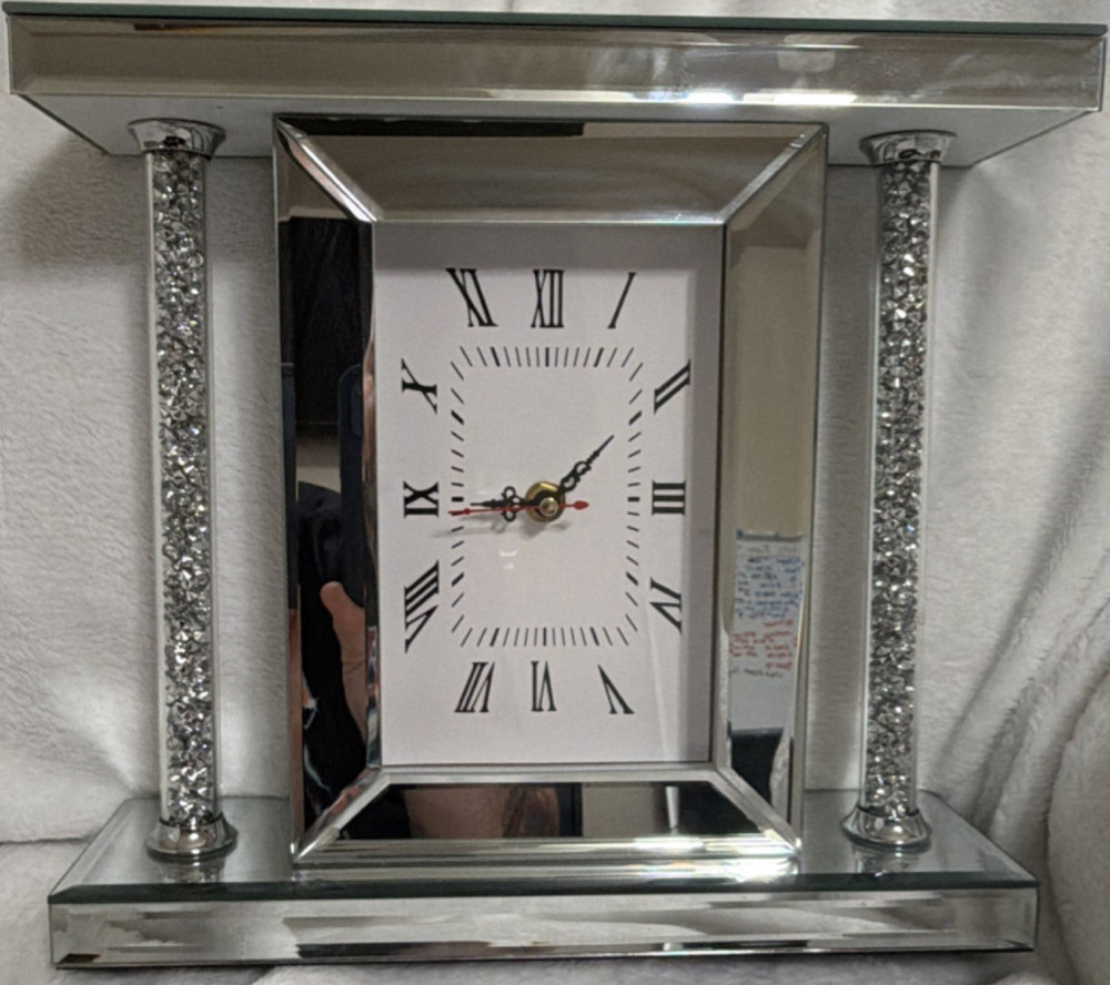 Silver Mirrored Glass Mantel Clock Roman Numerals Quartz Modern Rectangularruns