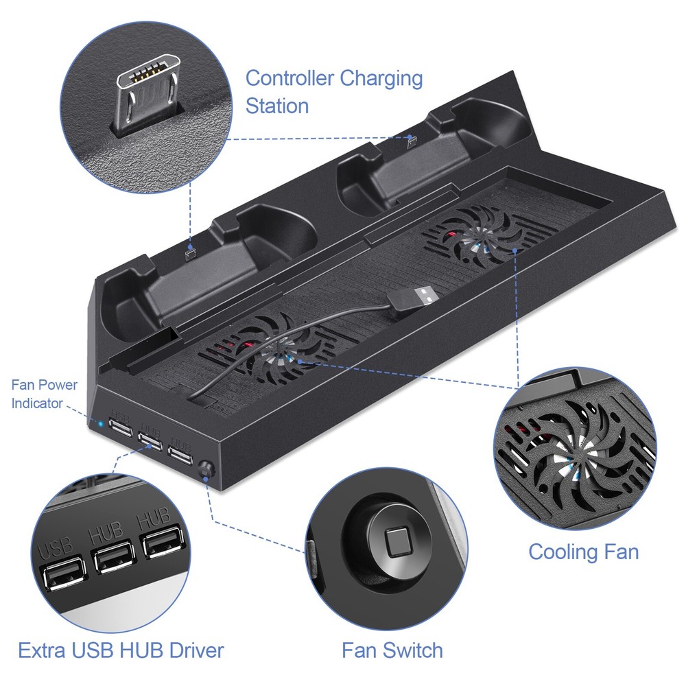 Vertical Stand Cooling Fan for Sony PS4 PlayStation 4 + Controller Charging Dock