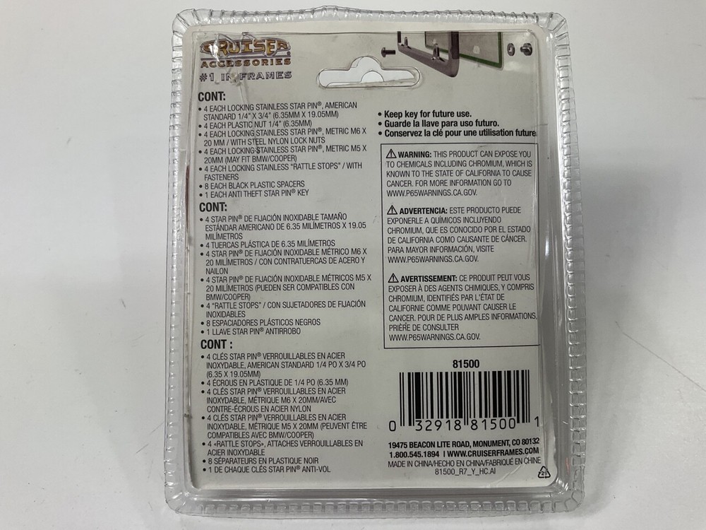 Cruiser 81500 Locking Fasteners License Plate Frame Hardware, Ultimate Kit