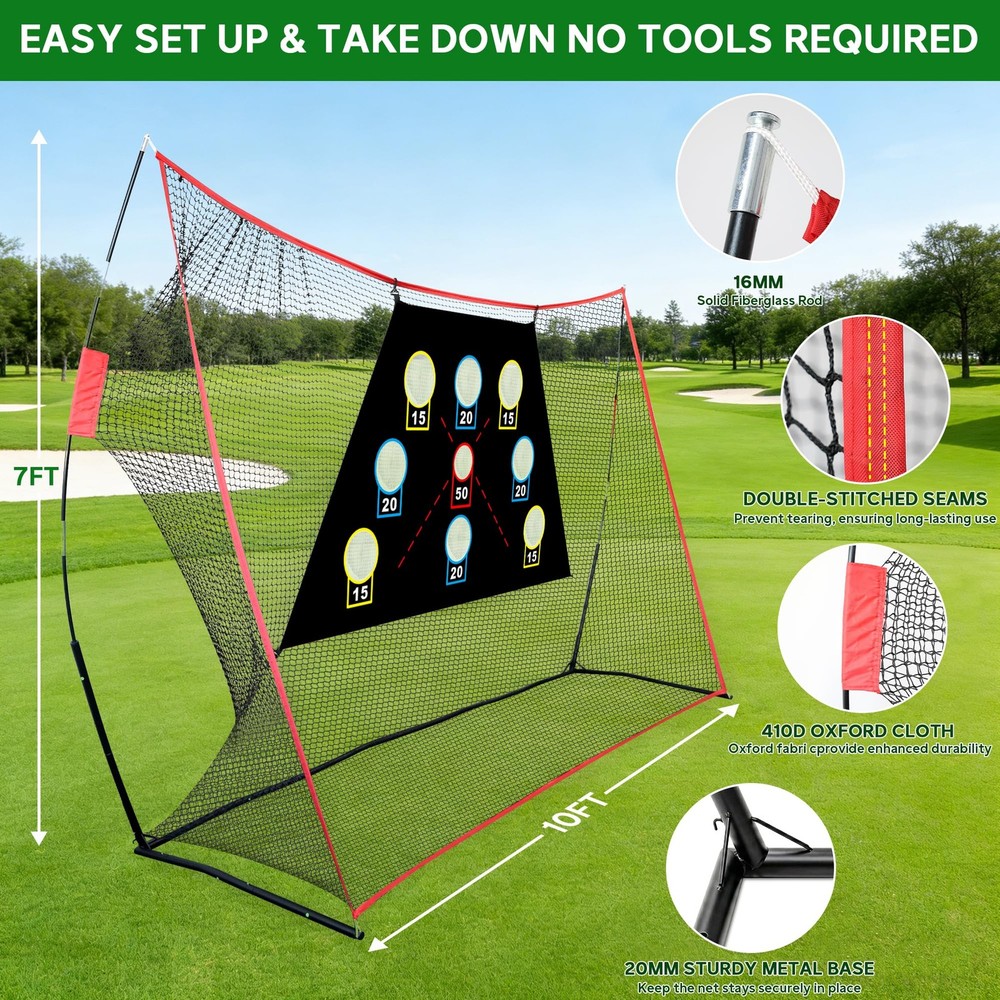 Golf Net, 10x7Ft Practice Hitting Net with Scoring Target Cloth, Tri-Turf Mat