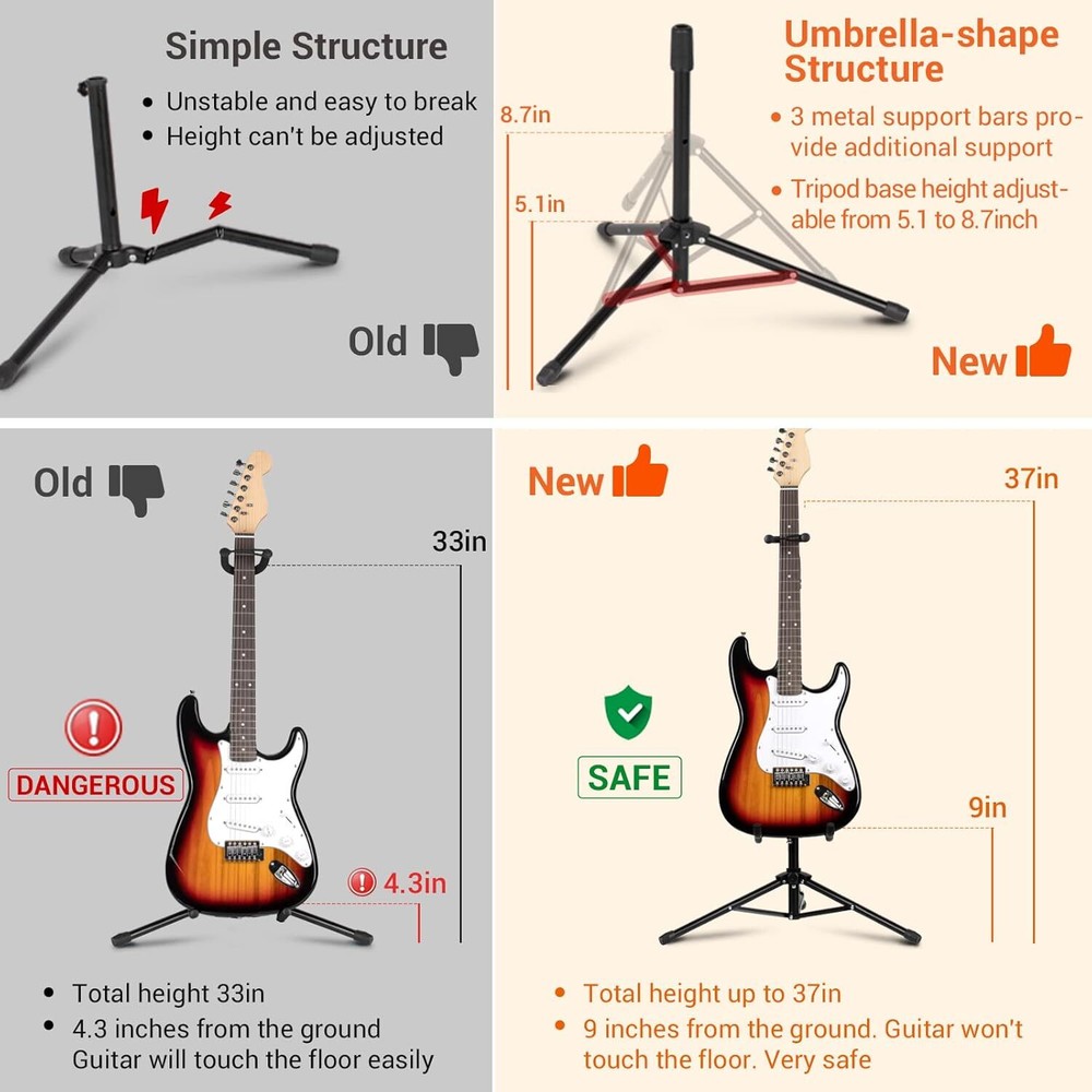 Height Adjustable Guitar Stand Sturdy Base Rotating Arms Space Saver Design