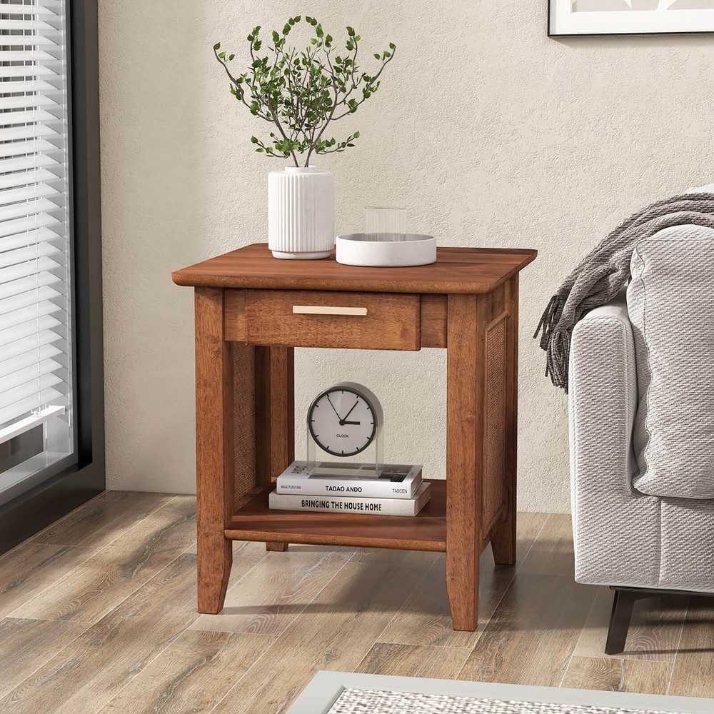 Boho Style Nightstand 3-Tier Sofa Side End Table w/ Drawer & Shelf Walnut