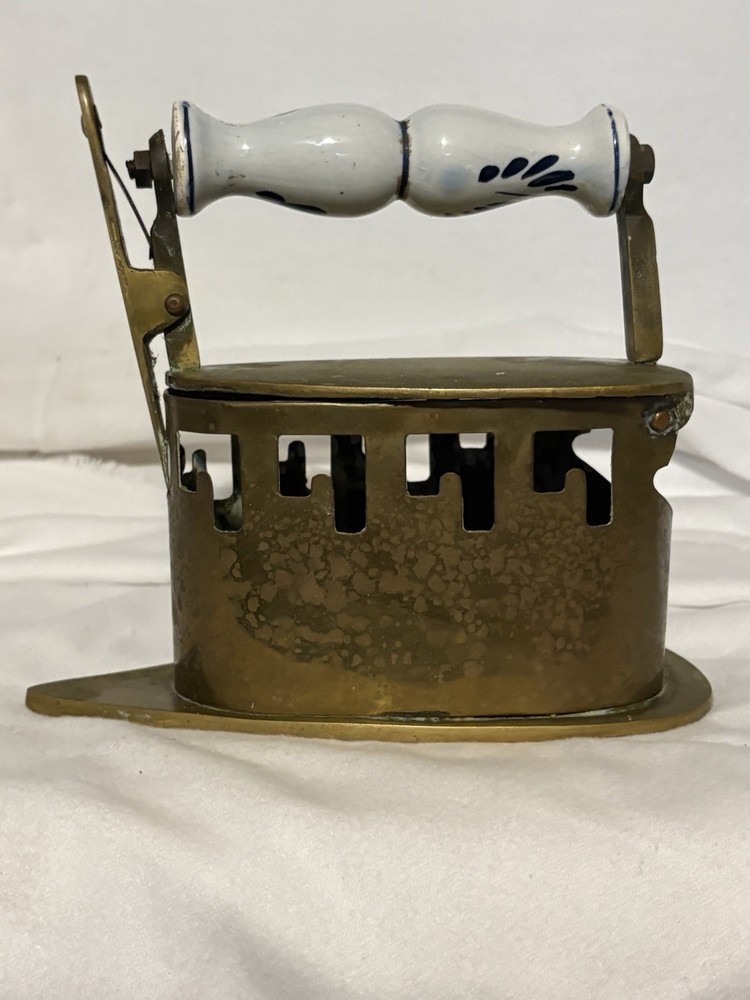 Antique Solid Brass Coal Iron Pottery Handle Dutch Delft White And Blue Handle