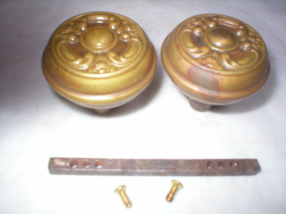 Antique Victorian Era Solid Brass Decorative Pair of Doorknobs