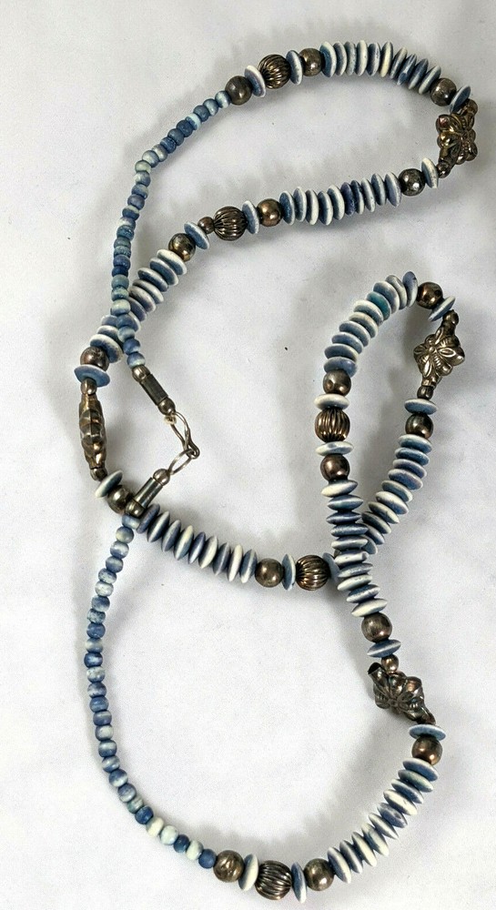 Vintage Boho Long Blue White w/ Silver Tone Necklace