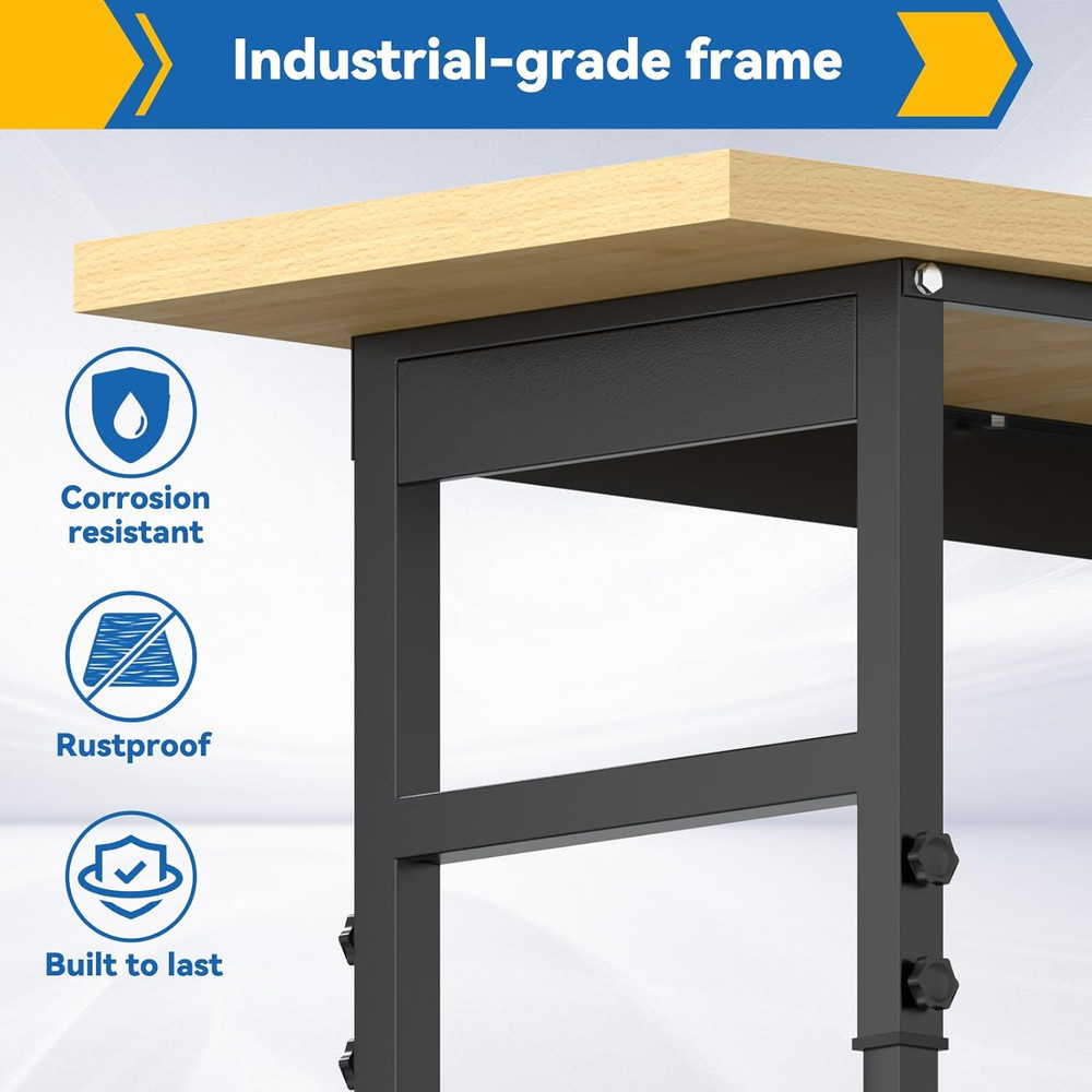 60" Adjustable Workbench with Wheels and Drawer, Solid Wood Rolling Work Bench T