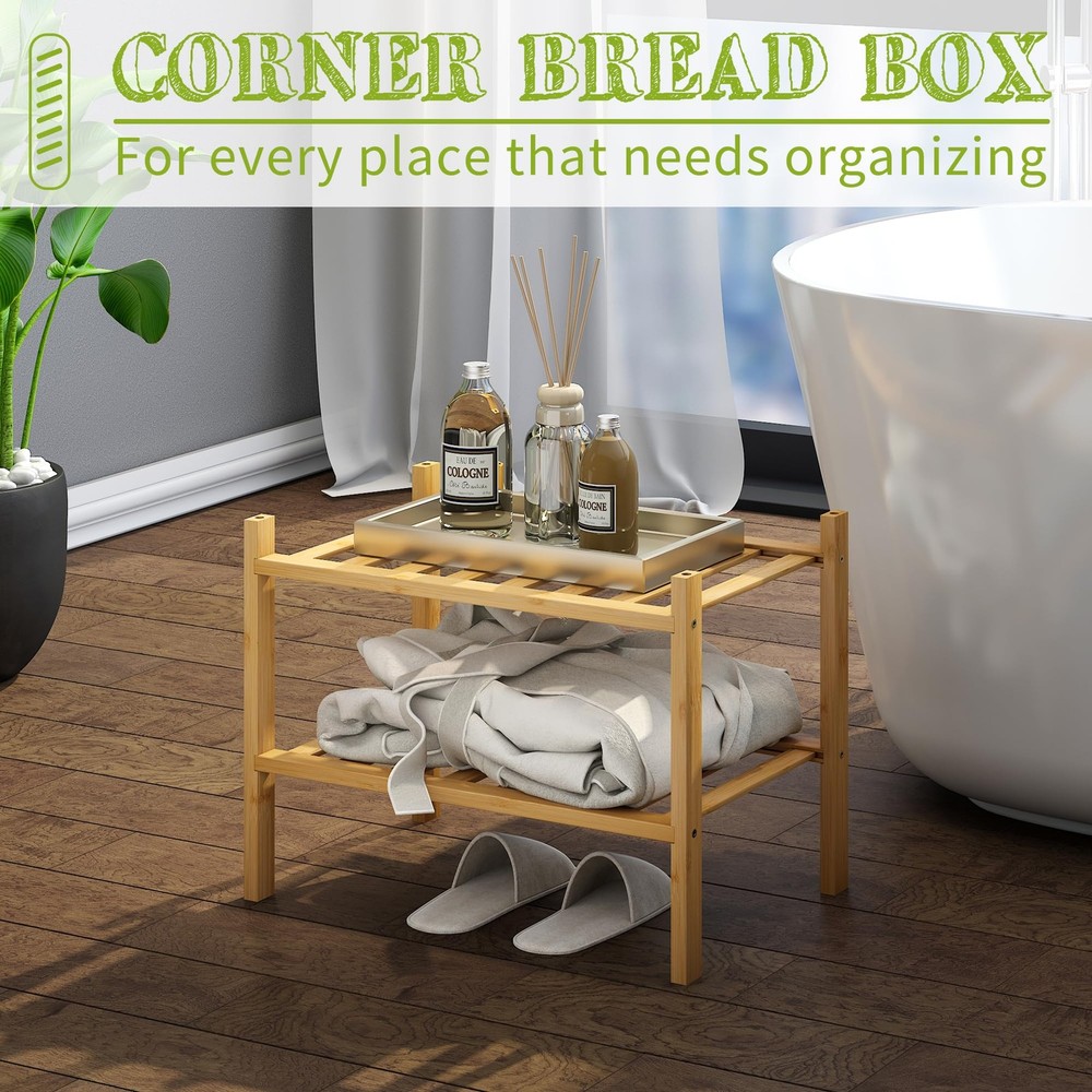 2Tier Natural Bamboo Shoe Rack Small Stackable Shelf Organizer for Entryway
