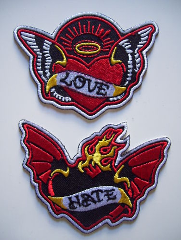 SET 2 HATE DEVIL Bat  & LOVE ANGEL Heart iron on patch - 38