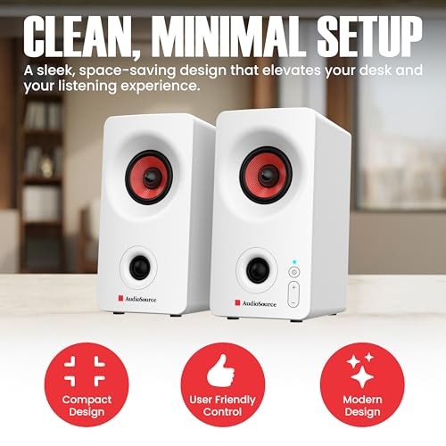 Audiosource Desktop PC Speakers with Bluetooth 5.3, USB-C Plug & Play, White