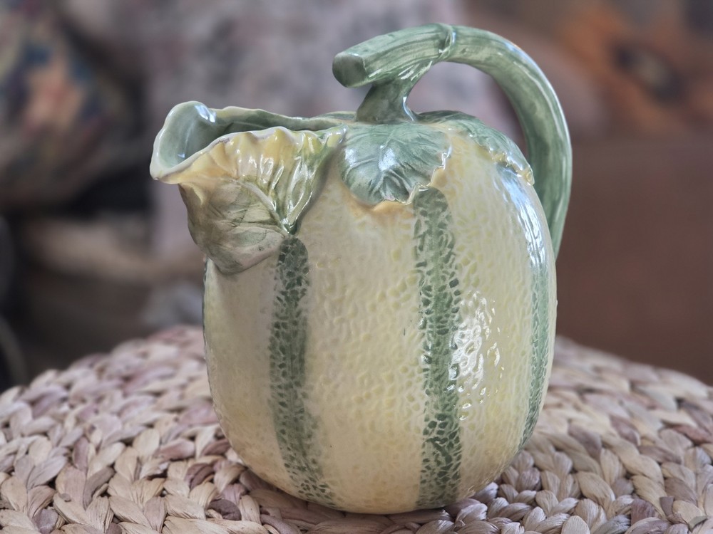 Studio Art Pitcher Leafy Melon Shaped Pitcher W/ Leafy Spout & Stem Handle