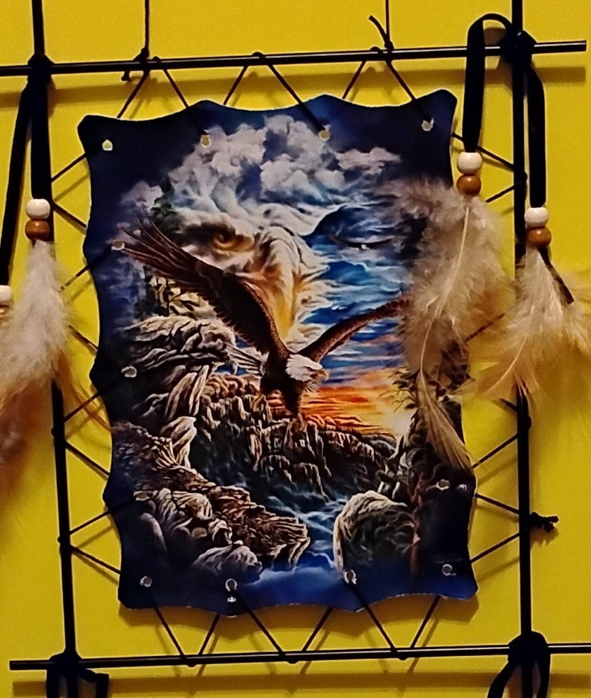 Bohemian Eagle Metal Framed Dream Catcher - Brown & White Feather Dangles 9"Long